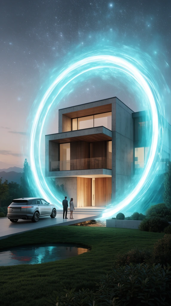 A modern multi-story concrete and wood house is framed by a colossal glowing cyan circular portal. The surreal energy ring illuminates the sleek architecture. In the foreground, a silver luxury SUV rests on a smooth driveway. A man and a woman stand nearby gazing toward the warmly lit entrance. The landscape features a manicured lawn, a small pond, and dark bushes. Distant mountains rise against a starry twilight sky. The image blends hyper-realistic architectural rendering with vivid sci-fi lighting.