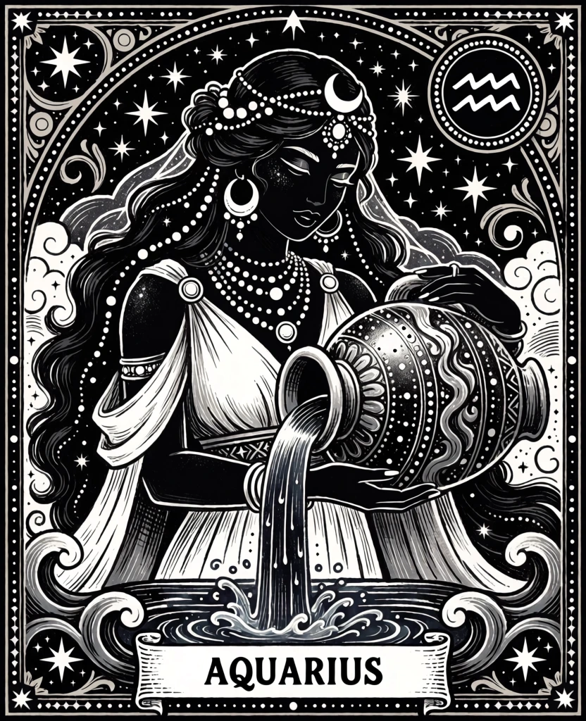 A detailed black and white celestial illustration depicts a dark-skinned woman representing the zodiac sign Aquarius, pouring water from an ornate urn against a backdrop of cosmic elements. The woman, positioned centrally, has long, flowing dark hair adorned with pearls, beads, and a crescent moon headpiece. She wears elaborate jewelry, including layered necklaces, large hoop earrings, and bracelets, and is dressed in a white, flowing garment with draped sleeves. Her expression is serene as she looks down at a large, spherical urn held in her hands. The urn is covered in intricate patterns of dots and waves, and from its mouth, stylized water flows downward into a pool of swirling waves at the bottom. In the upper right corner, a circular emblem contains the two-wave symbol for Aquarius. The entire scene is set within a dense field of four-pointed and six-pointed stars, stylized clouds, and decorative floral-like swirls. A thick, ornate border with geometric and celestial motifs frames the entire composition. At the bottom, a white scroll-like banner contains the word "AQUARIUS" in a bold, black, capitalized serif font. The artistic style is high-contrast, reminiscent of a woodcut or linocut, with sharp black lines and white highlights creating a rich, textured appearance throughout the mythological scene.