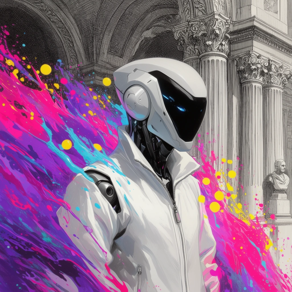 A futuristic cyborg in a sleek white helmet and jacket stands against a detailed black-and-white etched architectural background, framed by an explosive burst of neon paint. The humanoid features a smooth helmet with a glossy black visor revealing faint blue glowing eyes, wearing a crisp white zip-up jacket exposing dark metallic joints. Erupting behind the figure is a violent splash of vivid magenta, purple, and cyan liquid, accented with floating yellow orbs. The background contrasts this vibrant energy with a meticulously cross-hatched, monochromatic line-engraving of a classical building featuring fluted columns, ornate archways, and a distant stone bust. The composition blends hyper-modern vibrant digital art with traditional vintage illustration.