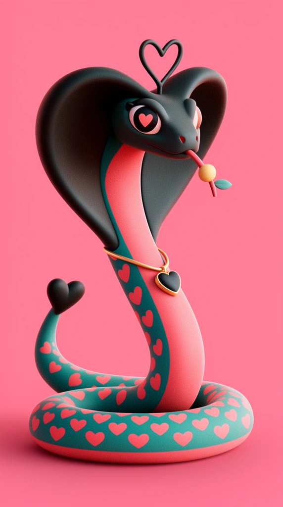 stylized 3D cobra, matte texture, grainy overlay, upright coiled posture, dark heart-shaped hood, teal back patterned with pink hearts, pink underbelly, eye with heart-shaped pupil, straight tongue holding a small sphere and tiny leaf, head antenna topped with a heart outline, tail ending in a solid heart, gold necklace with dark heart pendant, solid pink background, smooth studio lighting, toy-like aesthetic