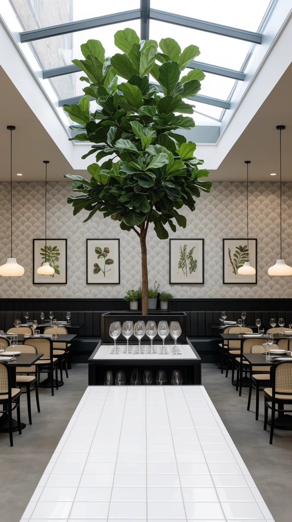 modern restaurant interior, central fiddle-leaf fig tree under skylight, dining area with black tables and cane chairs, white tiled foreground counter, service station with wine glasses, scalloped wallpaper, framed botanical prints, hanging pendant lights, symmetrical composition