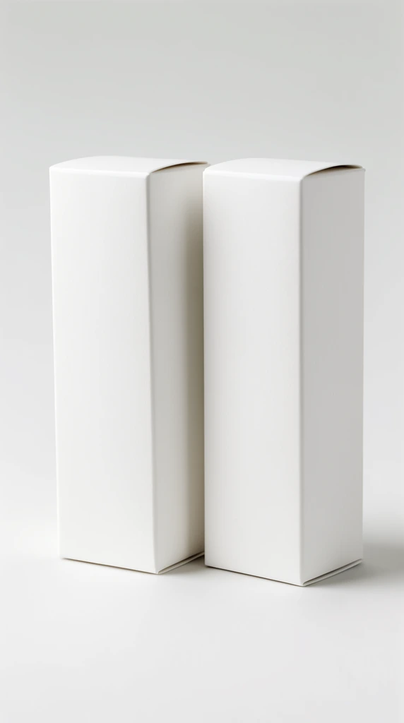 two upright white rectangular packaging boxes, slightly offset side-by-side, matte surface, soft diffused studio lighting, seamless light grey background