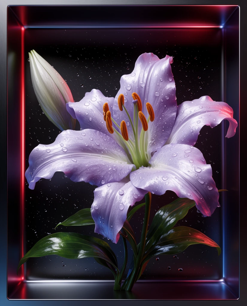 Large pale purple lily, highly detailed ruffled petals with water droplets, prominent orange anthers, closed pale bud, dark green glossy leaves, enclosed in a dark metallic shadow box, dark background speckled with white drops, dramatic neon red and blue rim lighting, hyper-realistic 3D render, macro photography, high contrast, waxy textures, central composition