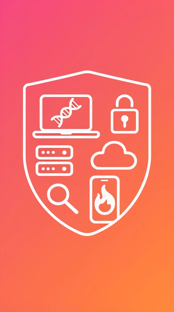 White continuous monoline vector illustration of a shield enclosing interconnected technology icons over a smooth pink-to-orange gradient background. Uniform lines form a laptop with a DNA helix, an open padlock, a server rack, a stylized cloud, a magnifying glass, and a flaming smartphone.