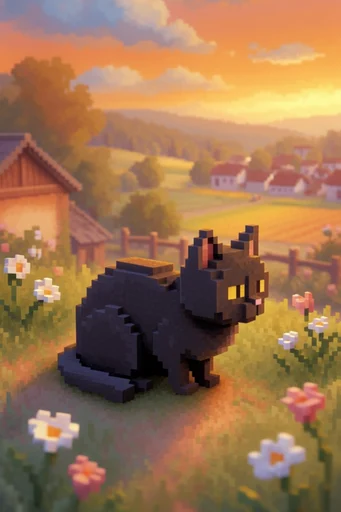 Retro Voxel Sunset style reference image — pixelated textures