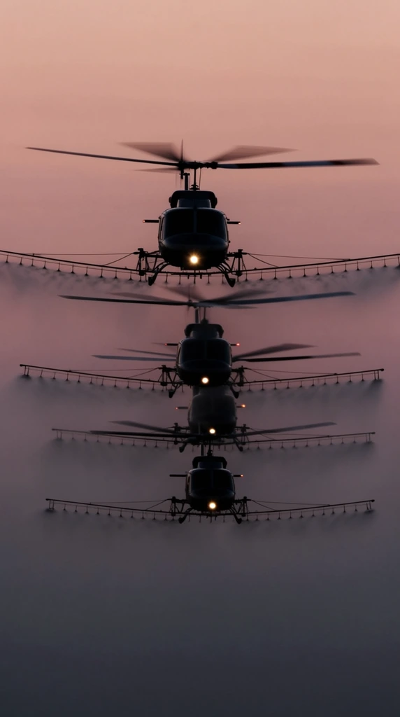 formation of utility helicopters flying directly toward the viewer, dark silhouettes, wide horizontal spray booms extending from sides, motion-blurred spinning rotor blades, glowing nose lights, staggered stacked formation, gradient dusky pink and purple sky, featureless atmospheric background, cinematic telephoto compression, dramatic twilight lighting, front-facing perspective