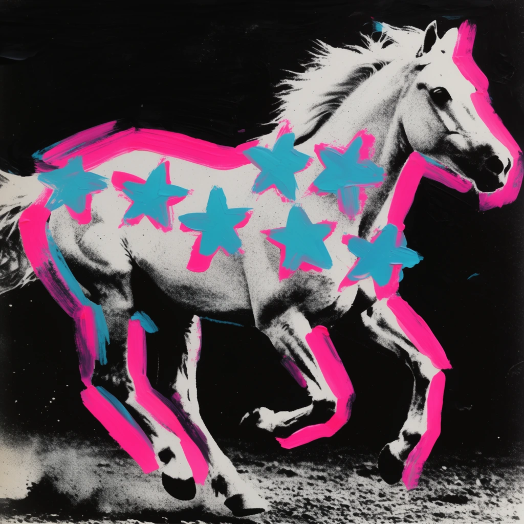 A galloping horse rendered in a high-contrast, grainy black-and-white silkscreen print style, defined by stark, deep black shadows and blown-out white highlights with vintage halftone textures. Thick, opaque, gestural strokes of neon magenta and vibrant cyan acrylic paint are applied directly over the monochromatic base, roughly outlining the edges of the horse's silhouette with visible, rough brushmarks. Positioned across the horse's torso is an arc of seven distinct stars, painted in the same heavy, textured neon pigment. The sharp, saturated edges of the bright pink and teal paint sit flat on the surface, contrasting heavily with the degraded, low-fidelity photographic underpainting. The surrounding environment is submerged in deep, solid black ink, emphasizing the raw, mixed-media pop-art aesthetic and the tactile dimensionality of the vibrant painted accents against the gritty grayscale foundation.