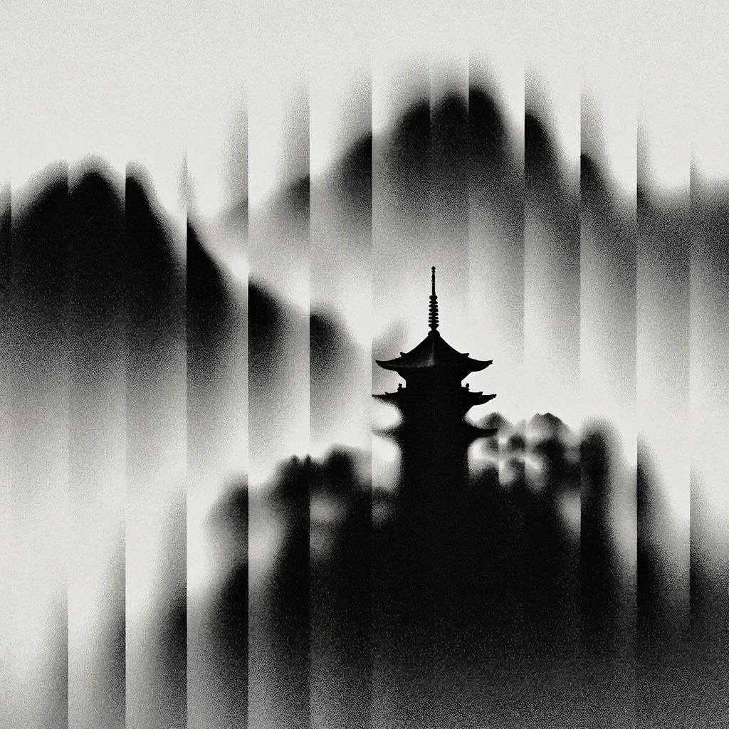 minimalist monochromatic composition of a pagoda silhouette among misty mountains, rendered with heavy stippled grain and high-contrast dithered gradients, vertical rhythmic bands of light and shadow, stark achromatic palette, soft atmospheric diffusion, ethereal forms suggested by feathered gradients, swiss-modernist aesthetic, noise-heavy texture, flattened perspective, poetic abstraction, diffused light emerging from deep shadows, stark white negative space.