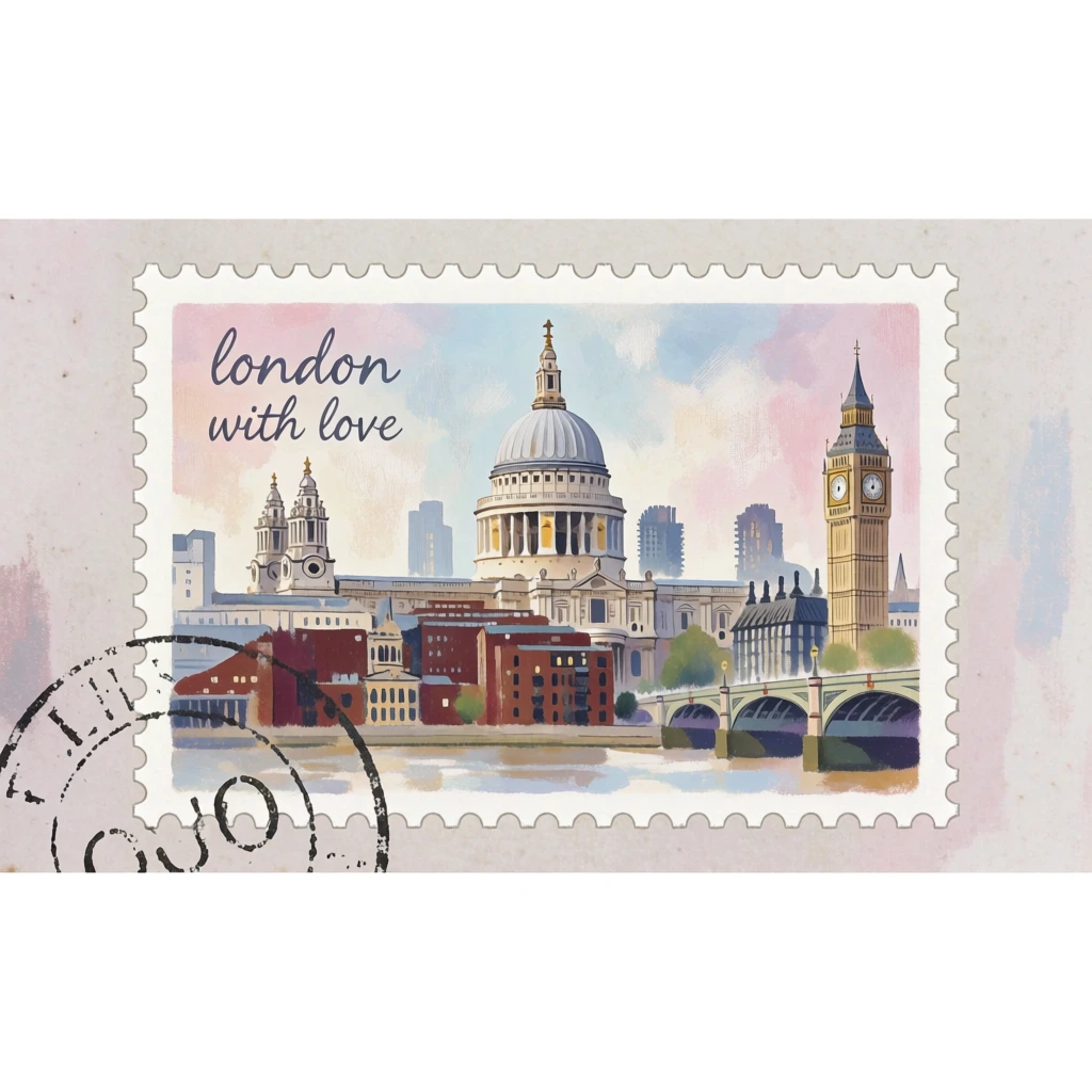 a postage stamp in the center showing a skyline with a domed building, a clock tower, and a bridge. the words "london with love" are in the top left corner of the stamp. a partial postmark circle is visible in the lower left.