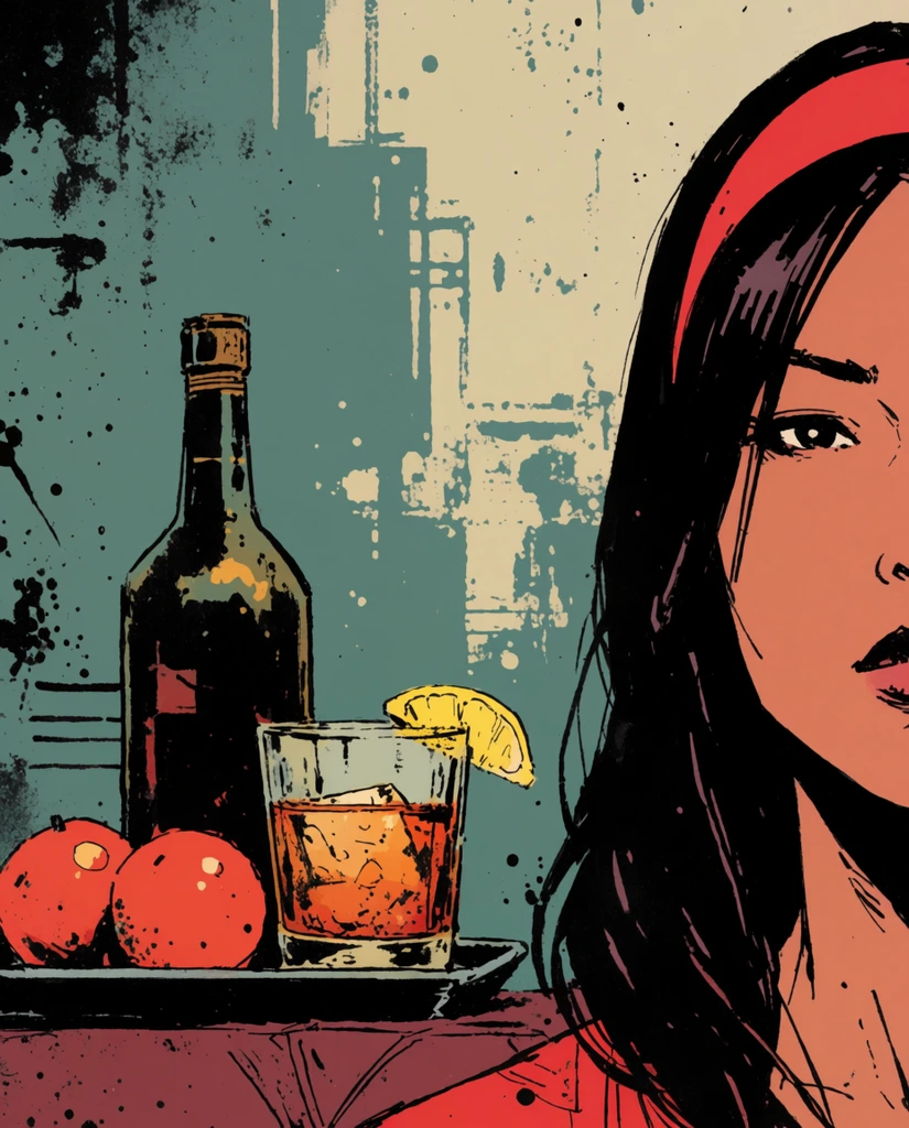 A graphic novel illustration featuring the partial face of a woman with dark hair and a red headband on the right side. Beside her sits a tray holding a dark bottle, a tumbler of amber liquid with a lemon wedge, and two round red fruits. The background is a distressed, abstract urban scene in muted teal and beige. The artwork utilizes heavy black inking, flat colors, and gritty ink splatters.