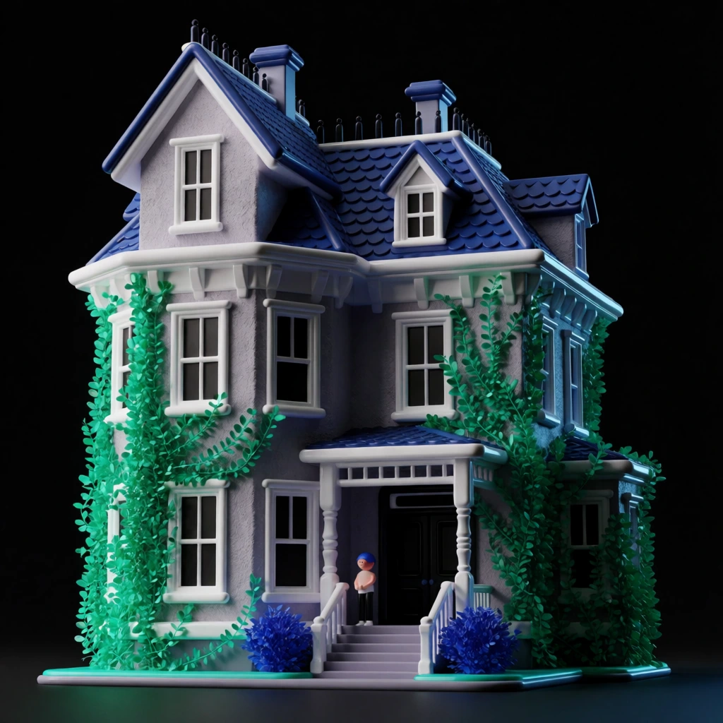 a high-fidelity 3d render of a stylized victorian house with lush emerald vines climbing the walls, clean toy-like aesthetic, smooth plastic and matte surfaces, vibrant color palette, floating in center-frame against a solid black background, soft cinematic studio lighting with subtle rim highlights, high-gloss finish, architectural miniature model, intricate clean-line details, crisp textures, sharp focus, octane render style, playmobil-inspired finish, high-end commercial art.