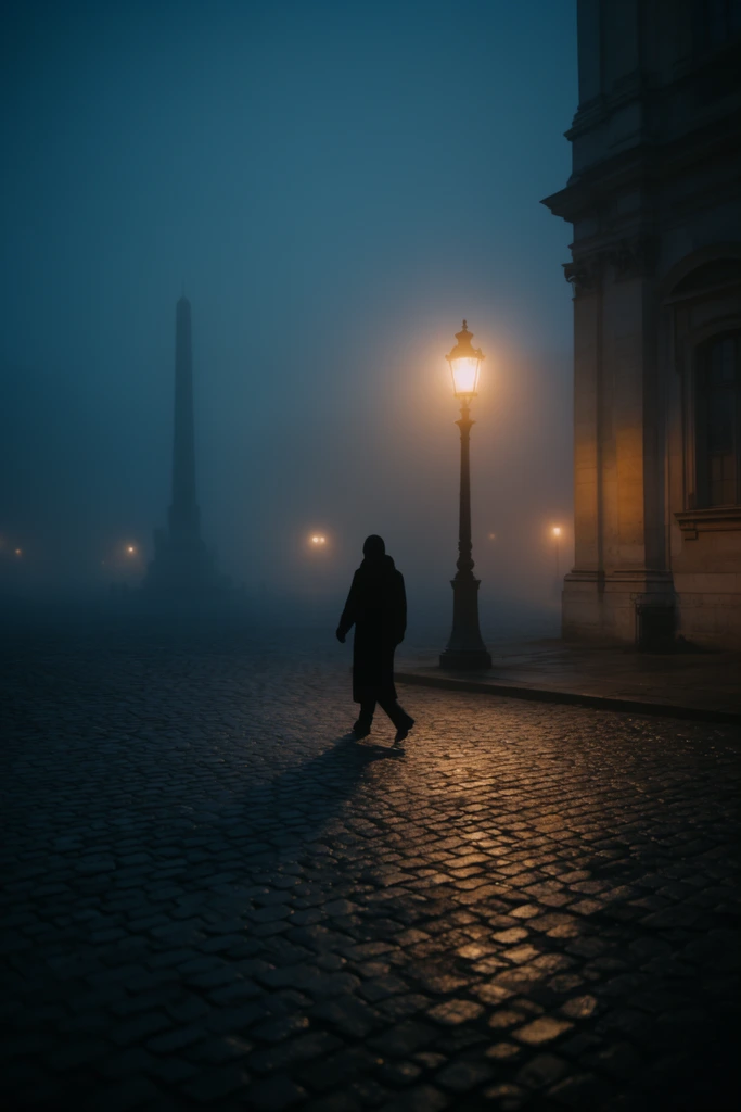 A lone dark-clad figure walks across a damp cobblestone plaza enveloped in dense blue fog. On the right, an ornate streetlamp radiates warm amber light against a classical building facade, casting a long shadow from the pedestrian over the textured stones. Faint distant streetlights and a silhouetted obelisk dissolve into the moody mist. The cinematic composition features dramatic chiaroscuro, heavily contrasting cool ambient blues with the glowing incandescent illumination.