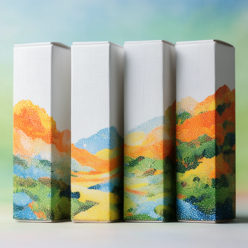 Four upright rectangular boxes stand aligned against a softly blurred pastel gradient background of light blue and green. The packaging features a woven canvas texture, with alternating faces showing crisp white surfaces and side panels printed with vibrant, pointillist landscape artwork composed of orange, yellow, green, and blue dots. Diffuse studio lighting highlights the textured materials in this clean product photography composition.