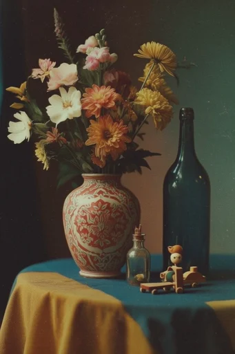 Nostalgic Botanical Surrealism style reference image — muted mid-century color palette