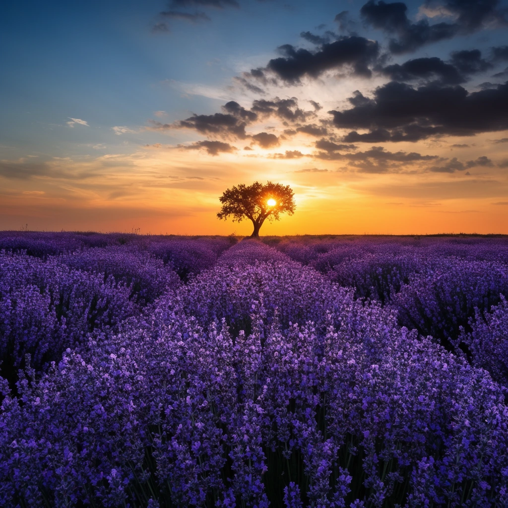 vast blooming purple lavender field, solitary silhouetted tree on horizon, glowing sun setting behind branches, vibrant golden hour sky, blue to orange gradient, scattered dark clouds, wide-angle landscape photography, deep contrast
