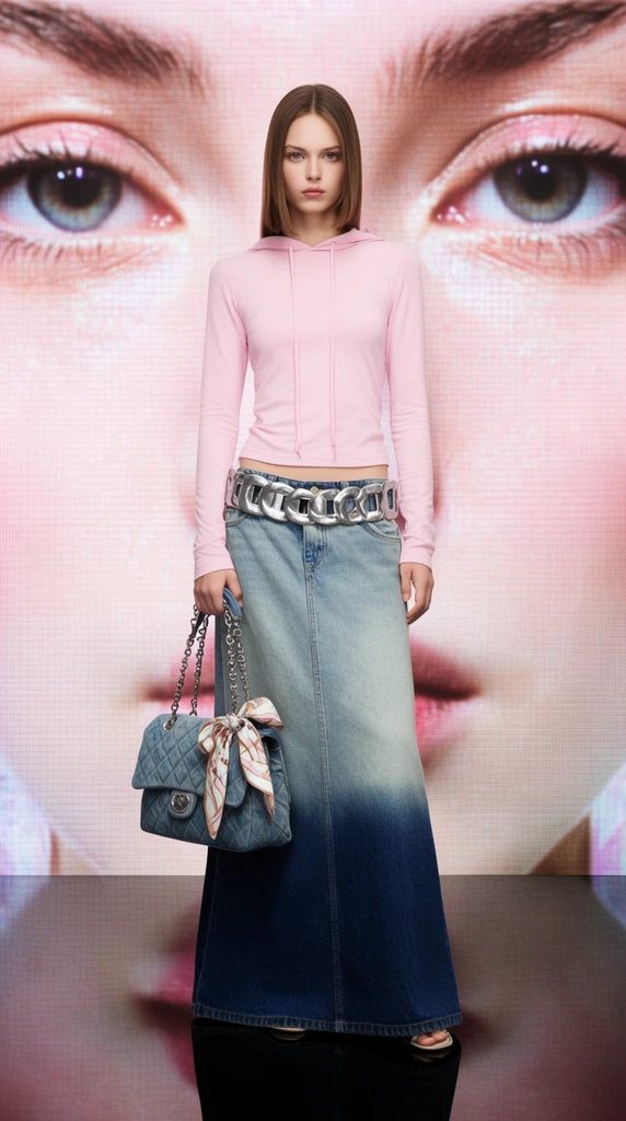 fashion model standing against a glowing LED screen displaying a giant close-up portrait of a face, tight light pink long-sleeved hooded top with drawstrings, low-rise long denim maxi skirt fading to dark indigo, chunky metallic silver cutout belt, quilted denim handbag with silver chain hardware and a tied patterned scarf, reflective black floor mirroring the skirt, bright studio lighting, surreal scale contrast, y2k editorial fashion photography
