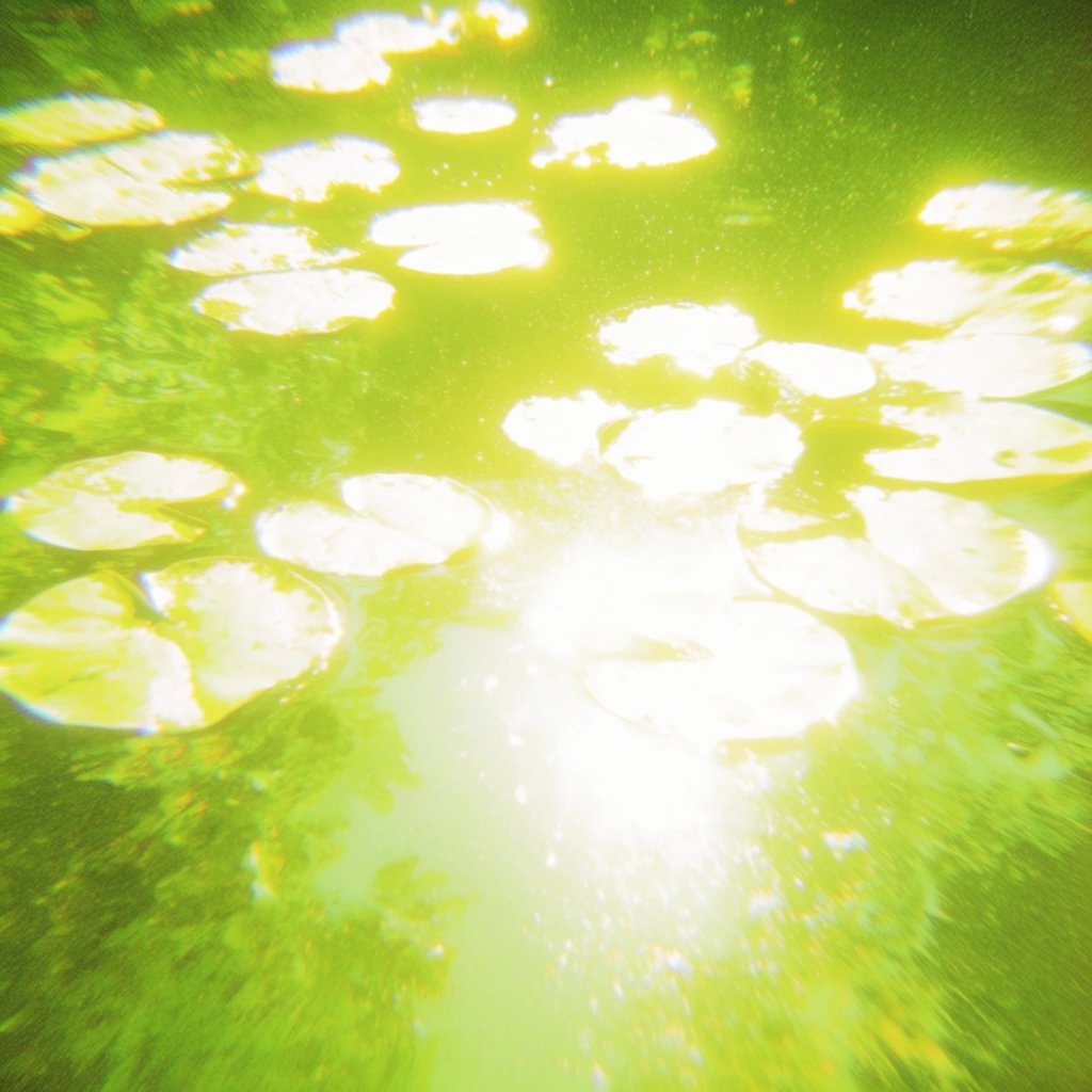 Blindingly overexposed lily pads and searing white water reflections floating across a hyper-saturated, neon green aquatic surface from a high-angle, top-down perspective. The floating elements and reflections radiate intense, pure white luminescence with heavy yellow halation, creating an extreme optical bloom that bleeds heavily into the surrounding water. The vibrant chartreuse water exhibits a hallucinatory, surreal texture characterized by aggressive radial blur, smeared optical distortion, and pronounced, lo-fi digital grain. The extreme high-key contrast, toxic color palette, and ethereal, radioactive glow mimic false-color infrared photography or heavily processed thermal imaging, rendering the aquatic environment as a vibrating, hyper-luminescent dreamscape.