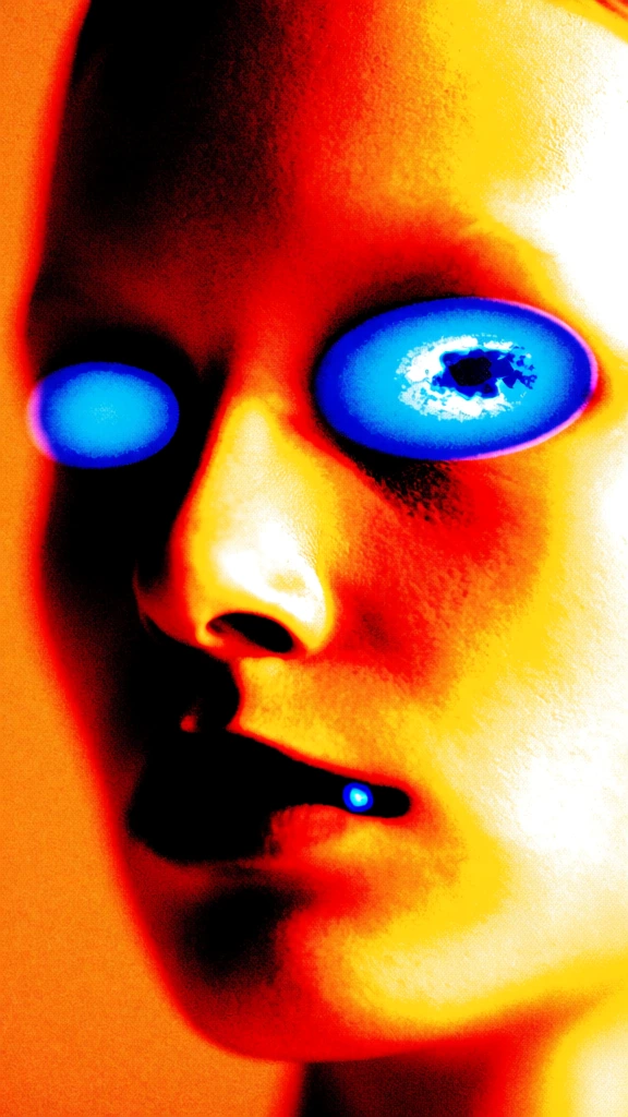 A highly stylized, high-contrast close-up portrait of a human face features glowing blue eyes set against a vibrant background of saturated orange, yellow, and black tones. The face is positioned in a three-quarter profile facing right, where two bright blue, horizontal oval shapes occupy the eye sockets. The oval on the right is larger and exhibits a mottled texture of white and dark blue within its core, while the oval on the left is smaller and more uniform in its neon blue hue. A tiny, bright blue speck of light is visible at the corner of the mouth, which is defined by a sharp black shadow against the orange-toned skin. The bridge of the nose is silhouetted in black against a bright yellow highlight. The overall composition is a tight frame, with the skin textures rendered in intense reds, oranges, and yellows that transition into deep black shadows on the left and blown-out white highlights on the right. The image employs a posterized, thermal-like aesthetic with heavy digital grain and noise throughout, creating a grainy, textured appearance. The lighting is extremely high-contrast, seemingly originating from the right side, while the color palette focuses on the tension between the warm, fiery tones of the face and the electric, cool blue of the eyes and mouth detail.