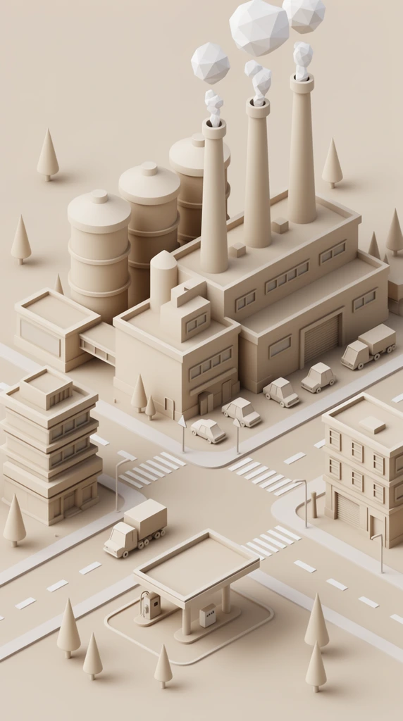 A monochromatic beige isometric 3D render of a low-poly industrial city block. The matte clay-style scene features a sprawling factory complex with tall smokestacks emitting faceted geometric smoke clouds, adjacent to cylindrical silos and tiered buildings. A central road with striped crosswalks separates the factory from a gas station and a multi-story building. Small boxy cars, trucks, and cone-shaped trees populate the minimalist environment. Soft global illumination casts smooth, gentle shadows across the clean geometric surfaces.