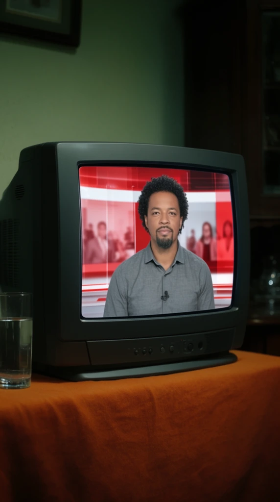bulky dark grey CRT television displaying a male news anchor, man with dark curly hair and goatee in grey shirt on screen, red and white graphic background with blurred figures, TV on an orange fabric-covered surface, clear glass of water to the left, dimly lit room, pale green wall, dark wooden cabinet, cinematic lighting, glowing screen