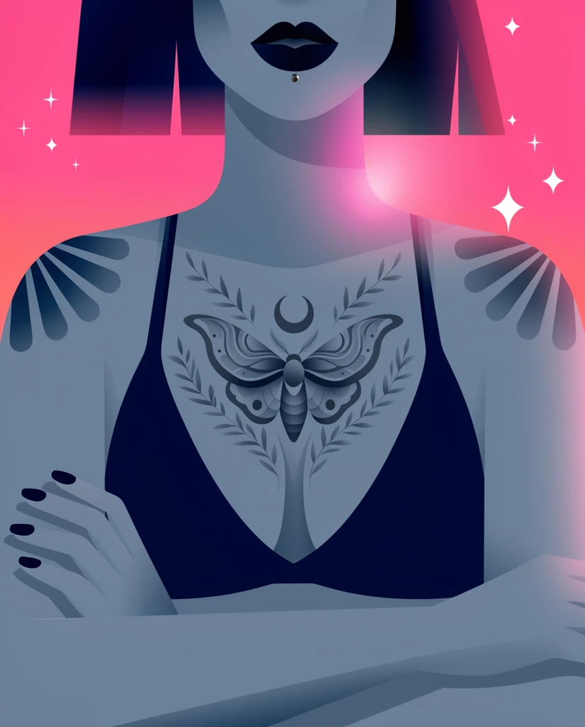 A stylized digital vector illustration of a woman with slate-blue skin crossing her arms against a vibrant magenta-to-pink gradient. She wears a dark navy bikini top, showcasing a large symmetrical chest tattoo of a moth, a crescent moon, and leafy vines. Her visible lower face features dark lipstick and a lip piercing. The minimalist artwork utilizes smooth gradients and crisp geometric shading, accented by dark painted fingernails, fan-shaped shoulder tattoos, scattered white star sparkles, and a soft pink light flare.