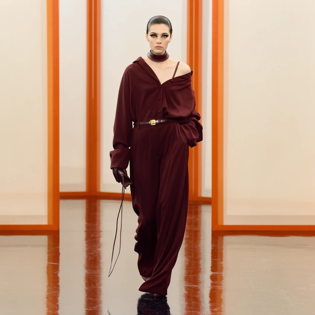 A fashion model walks down a glossy, highly reflective dark runway wearing a monochromatic deep burgundy ensemble. The outfit features an oversized, partially unbuttoned collared shirt draped off one shoulder to reveal a thin strap, paired with flowing wide-leg trousers and a thin belt with a gold metal buckle. She has slicked-back dark hair, bold dark eyeliner, a thick choker necklace, and dark gloves holding a small clutch with a long trailing cord. The bright, minimalist background consists of cream walls framed by vibrant orange vertical architectural accents. The straight-on full-body fashion photography captures the fluid drape of the fabric and sharp floor reflections under soft diffused lighting.