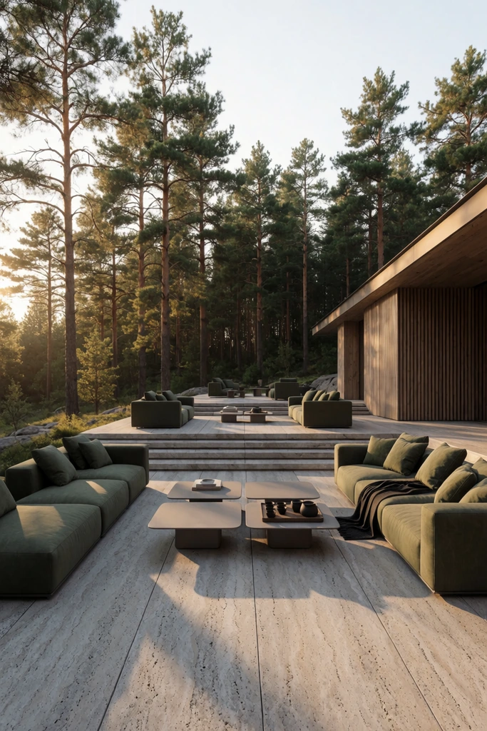 A luxurious outdoor lounge area arranged on a tiered light grey stone patio at the edge of a dense pine forest. Two expansive olive-green modular sofas face each other across a cluster of four low-profile square grey coffee tables holding a minimalist tea set. A dark blanket is draped over the right sofa, alongside numerous matching green pillows. Elevated by wide stone steps, midground seating groups feature matching armchairs. On the right, a modern architectural structure displays vertical wooden slat siding and a flat overhanging roof. Warm golden hour sunlight filters through the tall pines from the left, casting long distinct shadows across the textured patio. The photorealistic architectural rendering utilizes a balanced wide-angle perspective to emphasize the integration of sleek contemporary furniture within the natural woodland environment.