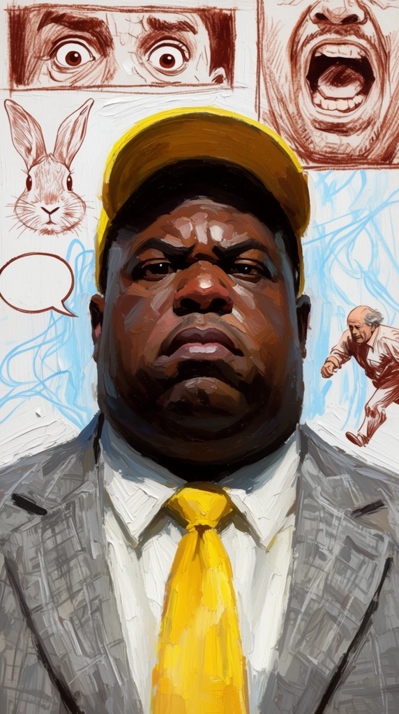mixed media portrait of a stern heavy-set Black man wearing a yellow baseball cap, grey patterned suit, and bright yellow tie, rendered in thick impasto oil paint brushstrokes, surrounded by rough reddish-brown sketches on a textured white canvas, left side features a rabbit head and a comic speech bubble, top edge contains two rectangular inset panels showing startled eyes and an open shouting mouth, right side shows a small sketch of an older balding man running, light blue abstract lines weave through the background, stark chiaroscuro lighting on the central face, contrasting polished realism with raw illustrative doodles