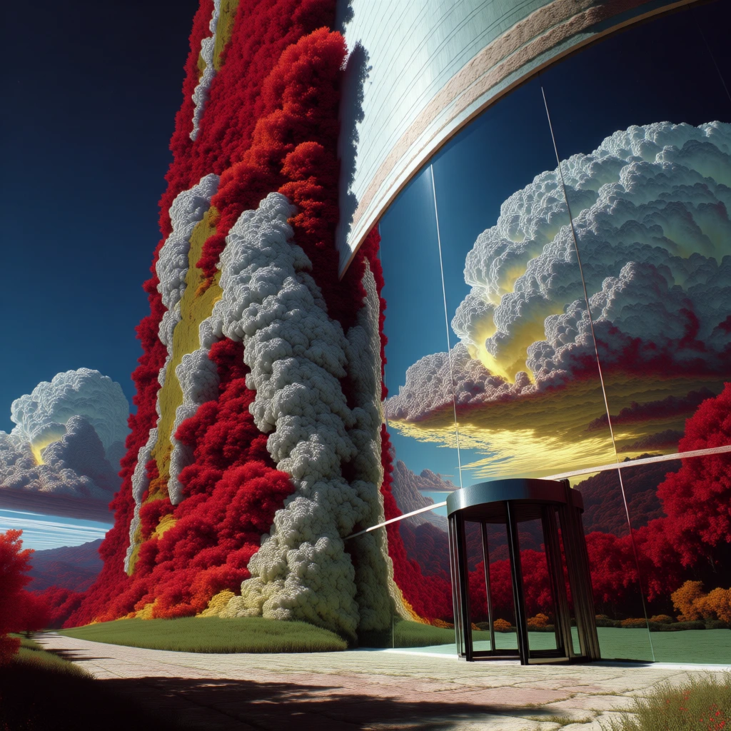 low-angle monumental perspective, towering building with a dense vertical living wall of vibrant crimson foliage on the left, expansive curved glass facade with a revolving door on the right reflecting massive cauliflower clouds, sulfurous yellow rim lighting, deep indigo sky, sharp high-contrast cgi aesthetic, hyper-saturated triadic color palette, textured stone walkway in foreground, surrealist atmosphere, hyper-detailed fractal textures, sharp focus, digital render.