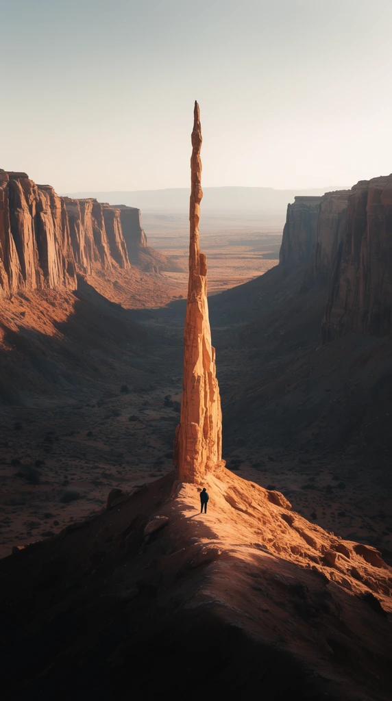 A needle-thin rock spire rises from a shadowed desert ridge, illuminated by golden sunlight. A tiny human figure stands at its base. Steep mesas line the deep arid valley under a pale sky. Wide cinematic landscape photography with high contrast.