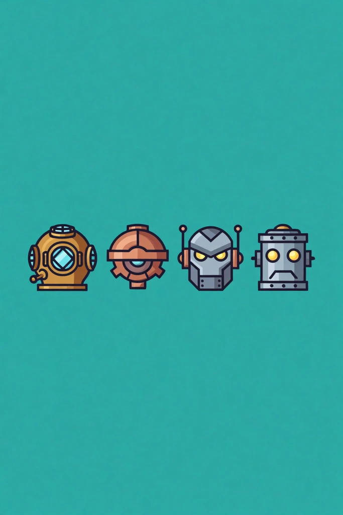 Four flat vector steampunk robot head icons aligned horizontally on a teal background. The lineup features a brass diver helmet, a spherical copper gear-drone, an angular iron faceplate, and a steel cylinder bot. Thick black outlines and minimal geometric shading emphasize the uniform, iconic style.