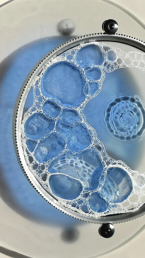macro product photography of a camera lens filter with a knurled gunmetal frame, central glass containing organic clusters of translucent azure cells, intricate white reticulated lace textures tracing the edges, concentric liquid ripples within the blue elements, frosted glass backdrop with soft cerulean diffusion, technical organic aesthetic, sharp caustic light refractions, metallic hardware pins at top and bottom, clean minimalist studio lighting, high-end branding style.