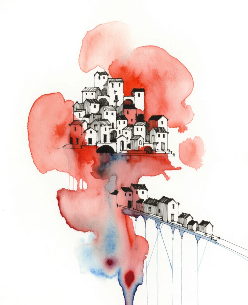 A collection of tightly packed, minimalist ink-drawn buildings floats amidst a vibrant red watercolor wash that drips down the bottom of the page. The architecture consists of numerous small, white-walled rectangular houses with dark, gabled roofs and tiny square windows, all rendered with precise black ink outlines. These buildings are arranged in clusters, with some connected by narrow, arched bridges. A prominent wash of red watercolor fills the upper half and surrounds the buildings, varying in intensity from deep crimson to soft pink, and blending into the white background like drifting clouds. Light blue-grey watercolor provides subtle shading on the sides of the structures and pools at the base of the lowest cluster, where it forms long, vertical drips alongside red pigment that run down the bottom edge of the paper. The composition follows a downward diagonal path from the top left to the bottom center, leaving the white texture of the watercolor paper visible around the edges. The artistic style blends technical line work with expressive, fluid paint application, creating a surreal and atmospheric scene.