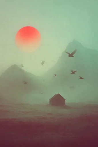 Minimalist Solar Surrealism style reference image — giant glowing red sun