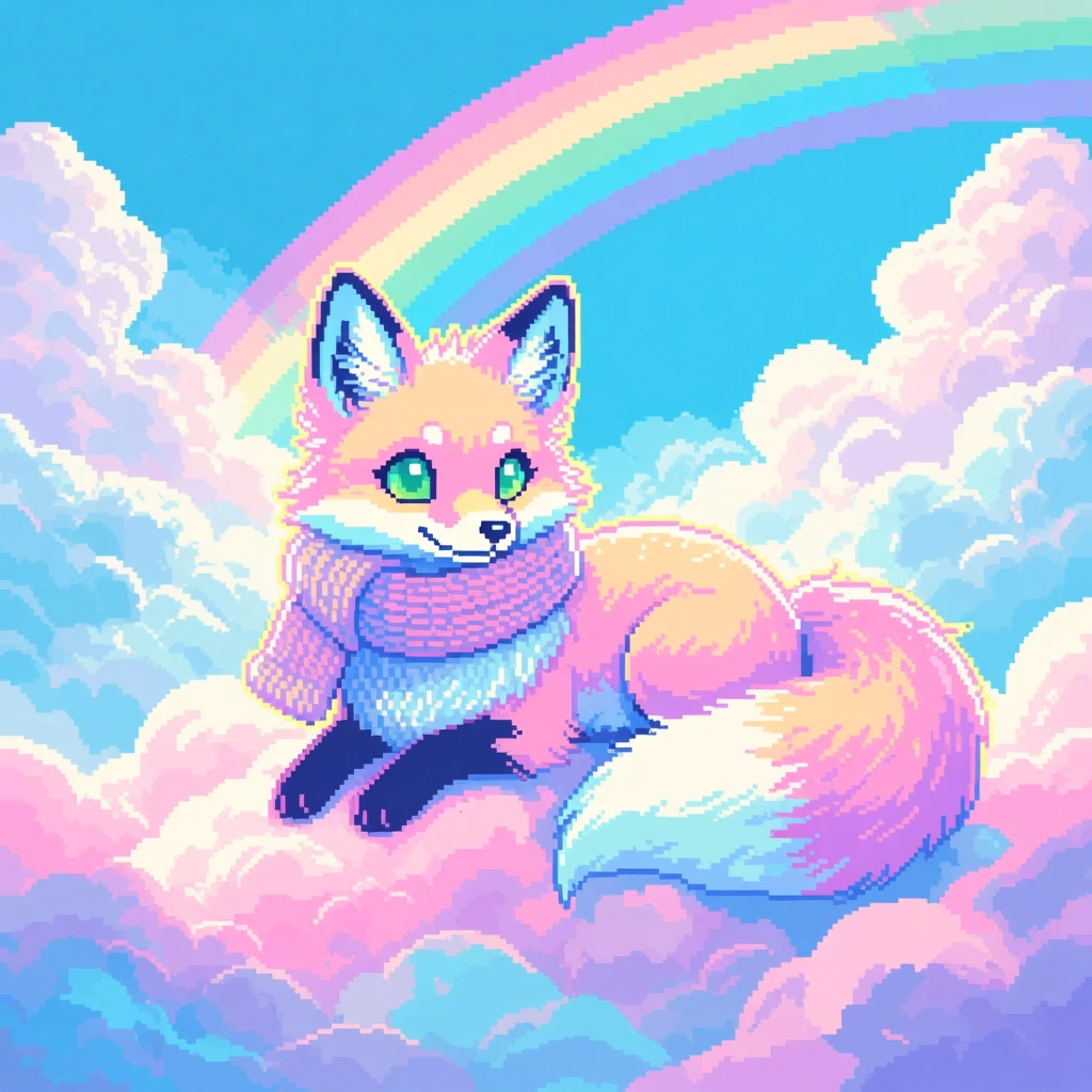 A 16-bit pixel art illustration of a fluffy long-tailed pastel fox with pointed upright ears, large emerald-green eyes, and a chunky knit scarf. The vibrant creature rests atop a soft, undulating pixelated cloud formation rendered in shades of cotton-candy pink, lavender, and sky blue. A sweeping blocky rainbow arcs through a bright cyan sky bordered by billowing, volumetric cumulus clouds. The aesthetic features prominent square pixels, bold dithering effects, and a bright dreamlike atmosphere, with a glowing yellow aura outlining the central fox against the dreamy digital environment.