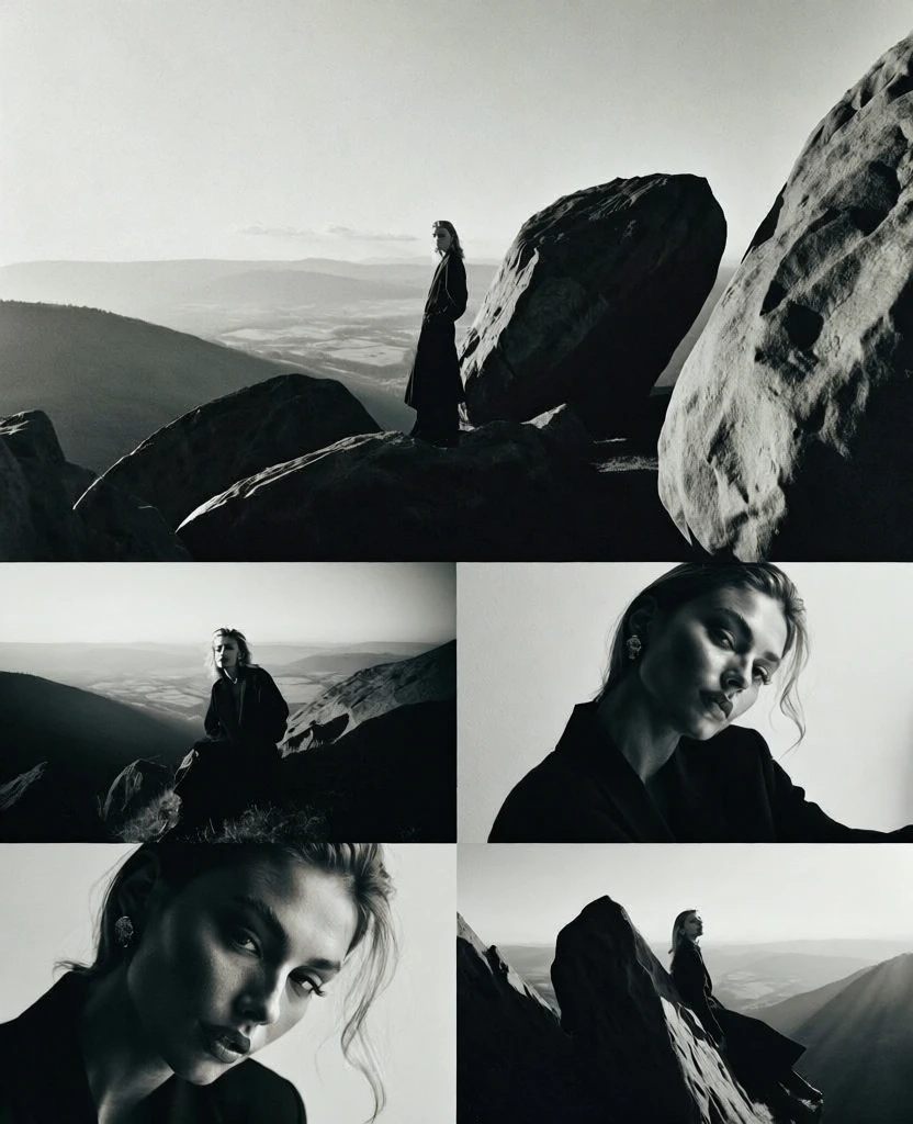 high-contrast monochromatic black and white photography, minimalist 90s fashion editorial aesthetic, moody cinematic lighting with deep shadows and soft highlights, dramatic rocky landscape overlooking a vast valley, massive boulders with sharp textures, variety of dynamic perspectives, wide panoramic shots and intimate close-ups, fine film grain, sophisticated atmospheric composition, clean horizon lines, stark tonal transitions, noir elegance, textural grit, minimalist landscape