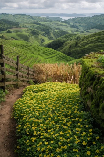Surreal Verdant Pastoralism style reference image — panoramic mountain vistas