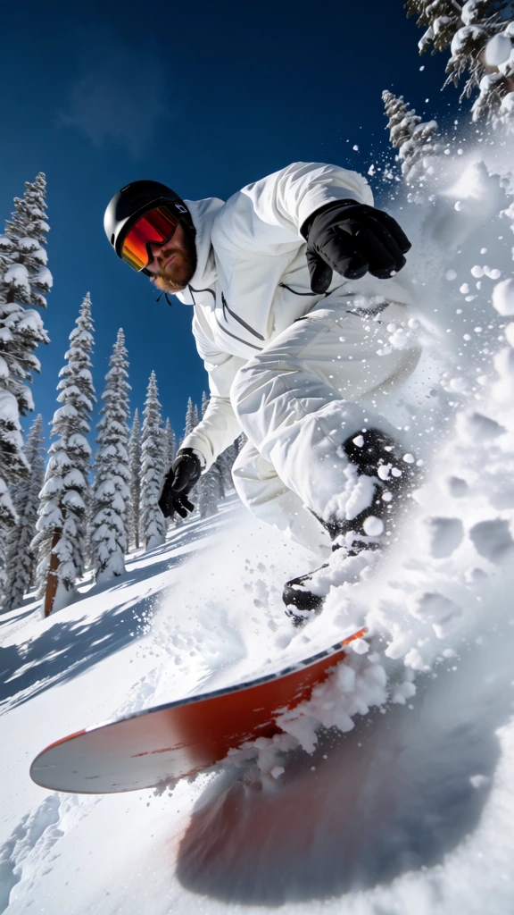 A dramatic action photograph of a snowboarder in all-white gear carving through deep powder on a bright alpine slope, captured from an extremely low, near-board perspective so the rider looms overhead while snow explodes past the lens. action sports photography, wide-angle/fisheye feel, high-speed freeze frame, outdoor winter adventure, cinematic editorial, crisp realism, dynamic perspective distortion, energetic, exhilarating, bold, immersive, high visual complexity, reminiscent of Red Bull snow sports imagery, Travis Rice campaign aesthetics, adventure-commercial style, cold monochrome palette with deep cobalt blue sky, bright whites, slight warm skin and board accents, high exposure but controlled highlights, strong contrast, very sharp subject with frozen snow particles, likely action camera or ultra-wide lens, fast shutter, deep depth of field, no obvious digital noise, slight lens edge curvature, airborne snow droplets and powder haze as natural visual artifacts. In the center-right foreground, the snowboarder is crouched low in a carving stance, knees bent, torso leaning slightly toward the camera, with the right arm extended downward and forward and the left arm hanging lower near the body. The rider wears a black helmet, large mirrored ski goggles, a white hooded jacket, white snow pants, and black gloves; a bit of brown hair and a beard are visible beneath the helmet and around the jaw. At the very bottom center-left, the nose of a snowboard appears, reddish-orange on top with a dark edge, angled diagonally from left toward right. The lower half of the image is textured snow, packed and rippled with tracks and churned powder. On the entire right side, a towering plume of fresh snow erupts upward and outward, filling the frame edge with dense white spray and scattered clumps; many individual snow chunks are suspended across the upper half of the image. Along the left side and receding into the background are tall conifer trees completely coated in thick snow, shaped like narrow spires. The sky occupies the top half, an uninterrupted, rich blue backdrop that makes the white spray and trees stand out sharply.