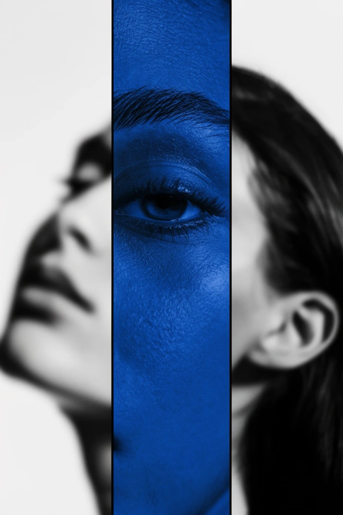conceptual portrait vertically segmented into three panels by thin black lines, central vertical slice in sharp macro focus with intense sapphire blue duotone, highly detailed eye and skin texture, flanking left and right panels in heavily blurred black and white, soft out-of-focus silhouettes of a woman's tilted face and dark hair, stark white background, avant-garde editorial photography, dramatic visual dichotomy, high contrast split composition