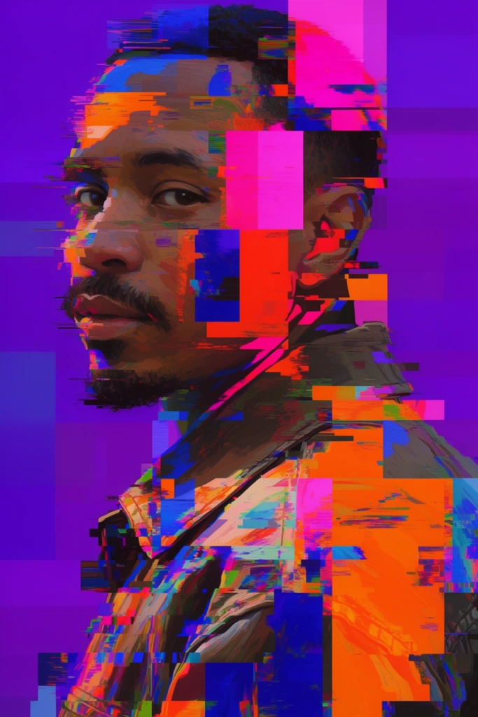 A man with a mustache and goatee faces left, his head turned to gaze directly at the viewer, depicted through a heavily databent digital glitch art style. The subject has short hair and wears a collared jacket. His physical form and the surrounding space are severely disrupted by intense digital corruption, pixel sorting, and geometric fragmentation. Massive, stark rectangular blocks of highly saturated neon colors—electric violet, hot pink, toxic orange, and deep azure blue—are superimposed over and integrated directly into his figure. The underlying rendering of the man features a richly detailed, painterly texture that is abruptly interrupted by sharp, hard-edged horizontal and vertical digital tearing, chromatic aberration, and fractured artifacting. The visual aesthetic aggressively contrasts the organic, traditionally painted curves of the man's face and attire against the harsh, flat, overlapping geometric planes of digital interference, resulting in a vibrant, dynamically fractured composition.