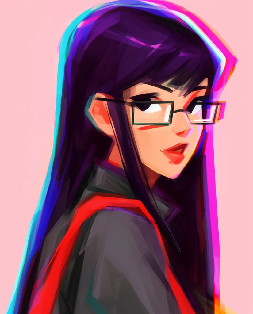 A stylized digital portrait of a young woman glancing over her shoulder against a solid pastel pink background. She has long dark purple hair, rectangular glasses, and a dark gray garment with bright red straps. The artwork features bold, expressive brushstrokes and prominent chromatic aberration, producing vivid cyan and magenta color shifts along her silhouette.