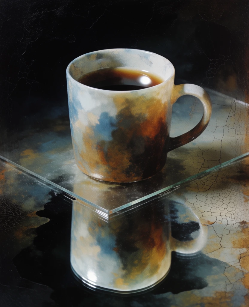 oil-on-plaster fresco texture with fine crackle patina, a single ceramic mug filled with liquid on a clear glass surface, a sharp mirrored vertical reflection directly below, dramatic chiaroscuro with a strong single-source highlight, muted earth tones of umber and ochre juxtaposed with cloudy cerulean and chalky white pigments on the mug’s exterior, ethereal contemplative mood, set against a deep featureless void, soft stippled rendering, surrealist aesthetic.