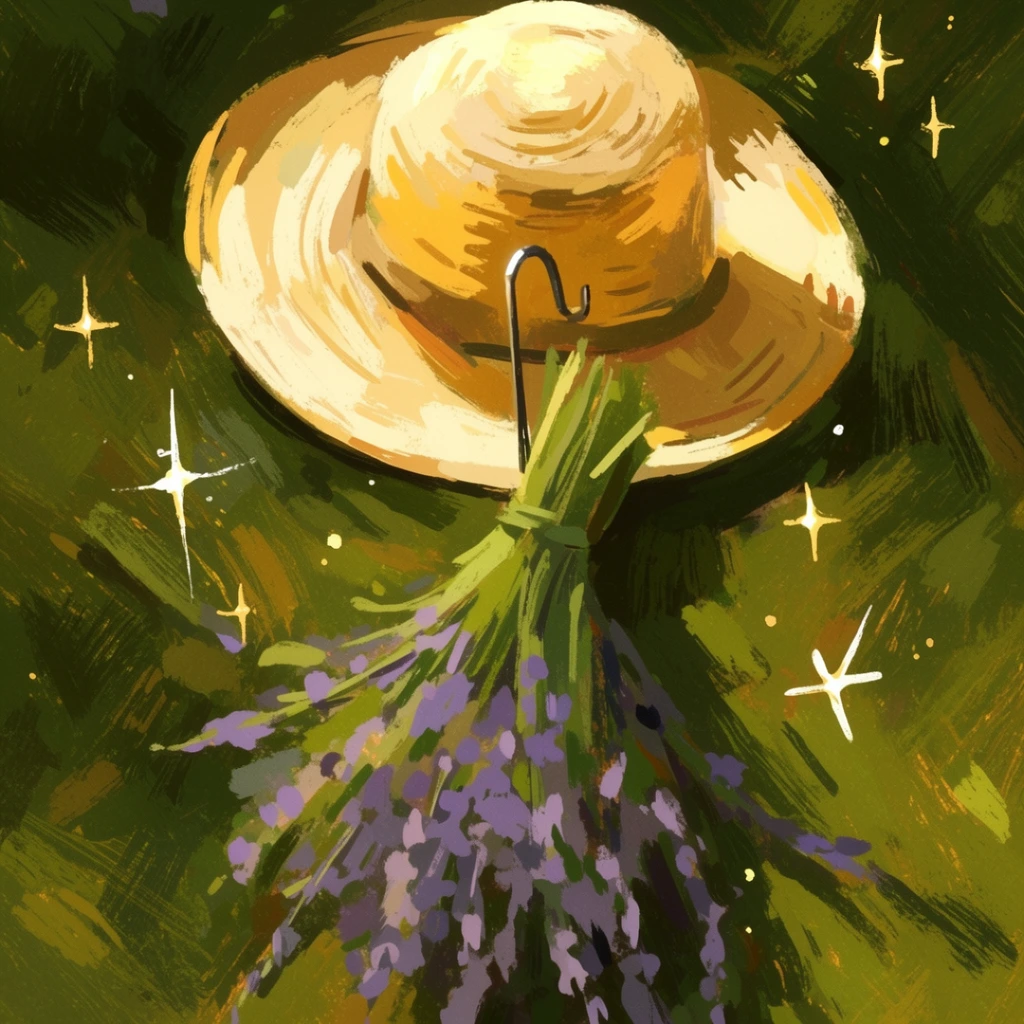 A woven straw hat hangs from a thin metal hook directly above a bundled bunch of lavender stems, executed in an expressive, heavily textured digital painting style using thick, gouache-like application. Broad, sweeping brushstrokes of warm cream, pale goldenrod, and ochre define the hat, forming graphic, illustrative shapes through deep, unblended shadows. The thin metal hook is a dark, swift stroke anchored to the surface. Directly beneath, the lavender bunch features loose, vigorous sweeps of sap green for the stems and clustered, impressionistic dabs of muted violet for the flowers. The surrounding background is a rich, earthy expanse of deep forest and olive greens, built up with prominent, directional hatching and layered, impasto-like textures. Warm, glowing directional light bathes the subjects, creating stark contrast and high luminosity. Stylized, hand-drawn four-point starbursts in bright white and pale yellow are scattered throughout the composition, casting a whimsical, ethereal, and magical twinkle across the richly painted scene.