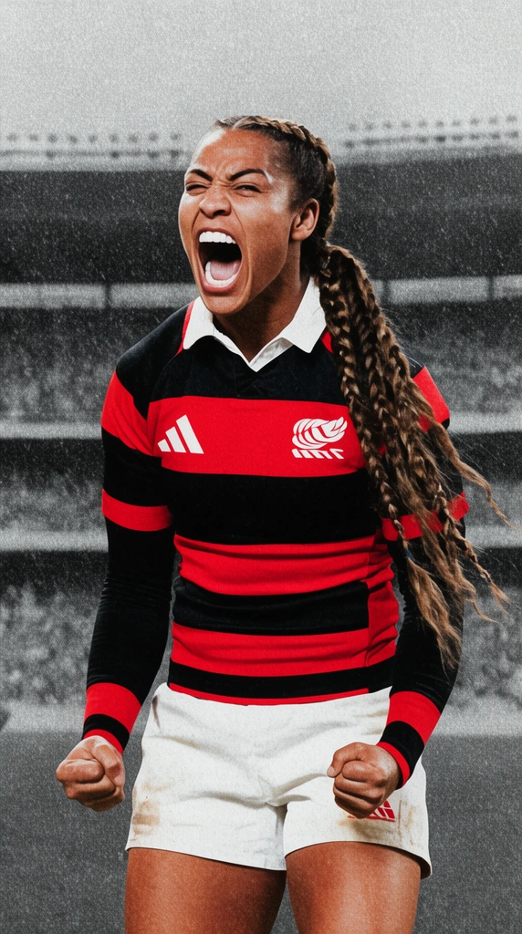 athletic female rugby player with long braided ponytail, pumping both fists down in an intense yell, wearing a red and black striped long-sleeved jersey and white shorts, desaturated grainy stadium background, heavy film grain, vintage sports poster aesthetic, high contrast, halftone texture