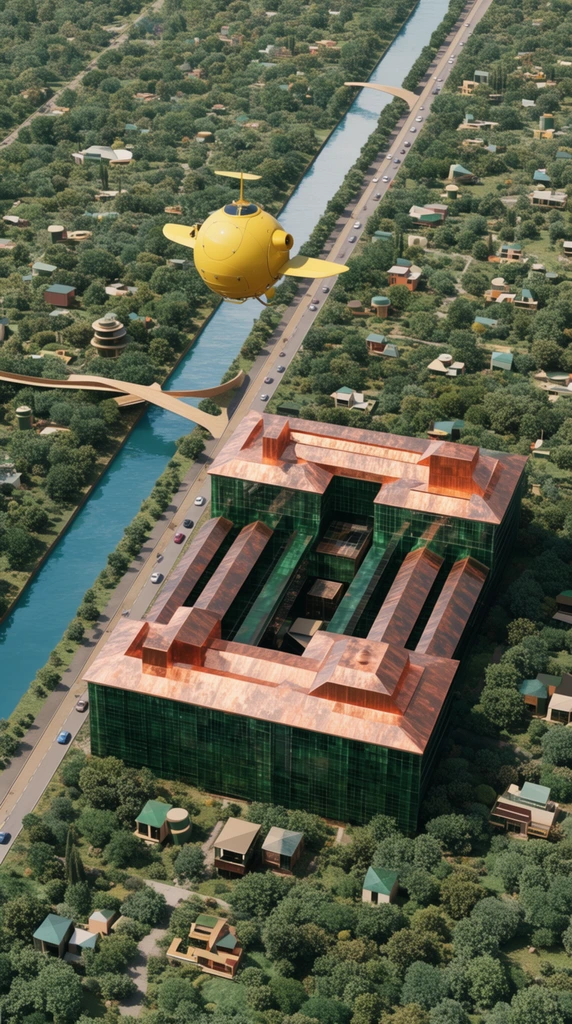 An aerial view of a utopian city merging modernist architecture with dense forest, featuring a bright yellow spherical aircraft hovering overhead. A massive rectangular complex with dark green glass facades and stepped oxidized copper roofs dominates the foreground. A straight blue canal runs parallel to a highway carrying small vehicles. Lush greenery blankets the flat landscape, enveloping smaller geometric houses and tan pedestrian bridges. The bright, photorealistic 3D architectural rendering uses a high-angle perspective to emphasize a harmonious, retro-futuristic solarpunk aesthetic.