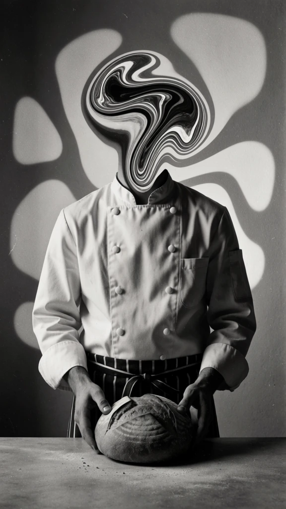 black and white film photography, a male chef in a white chef's coat and apron holding a round loaf of bread with both hands on a counter, the head and face are replaced by a surreal high-contrast liquid marble swirl, monochromatic distorted patterns flowing into the space, grainy vintage film aesthetic, dramatic studio lighting, high contrast, sharp textures on the bread and fabric, 1940s editorial style, surrealist digital manipulation, minimalist composition