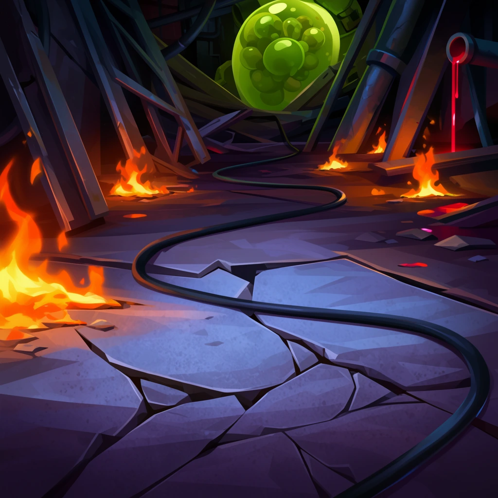 Scattered fires illuminate a ruined, stylized industrial corridor with a severely cracked stone floor. Deep purple and cool blue ambient shadows contrast sharply against vibrant orange flames. A thick black cable winds across jagged foreground tiles leading toward the shadowy background, where a massive, spherical, neon-green biological pod rests among collapsed metallic beams and a pipe leaking glowing red fluid. The 2D digital illustration features sharp angular geometry and dramatic lighting.