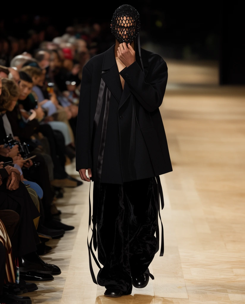 male fashion model on a runway wearing an oversized avant-garde black overcoat and baggy velvet trousers, face obscured by a beaded black net mask, right hand adjusting the mask, draped ribbons, light wooden floor, blurred seated audience to the left, dramatic runway lighting, shallow depth of field