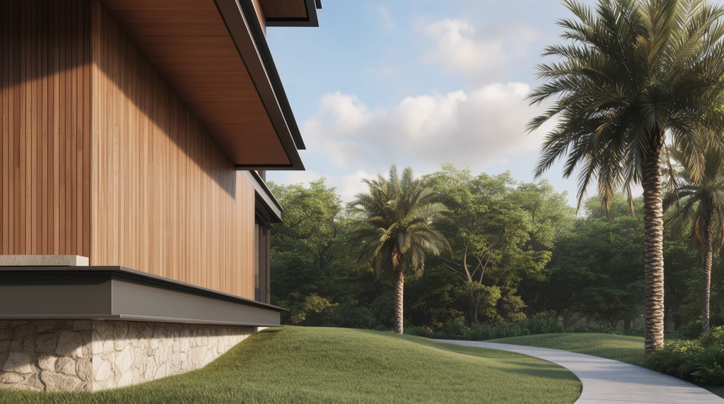 corner view of a modern architectural building, warm vertical wood slatted facade, dark gray steel I-beam cantilevered overhangs, textured light stone foundation, low angle perspective framing the structure on the left, lush manicured sloping green lawn, curved concrete pathway cutting through the grass, tall palm trees with textured trunks, dense green deciduous forest canopy in the background, bright blue sky with soft fluffy white clouds, warm late afternoon sunlight casting crisp shadows, photorealistic 3D architectural rendering, crisp focus, clean contemporary design