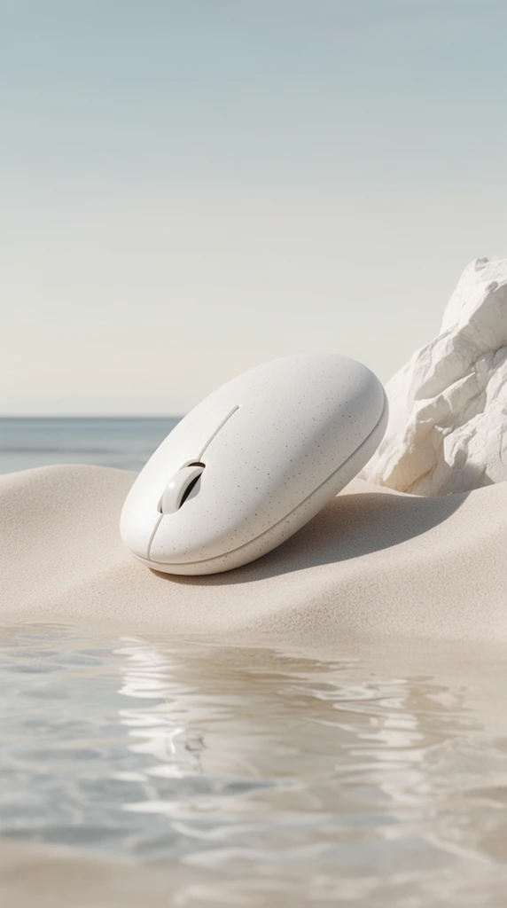A minimalist white, pebble-shaped computer mouse with a matte, speckled ceramic texture rests at an angle on a pale sandy dune. Beside it sits a sharply textured white rock formation. Shallow, clear water ripples in the foreground, creating soft reflections of the scene. Behind the sand, a flat ocean horizon meets a soft, gradient pale blue sky. The surreal product photography composition features soft, natural daylight casting a distinct shadow from the mouse, rendered in a tranquil, neutral color palette of creams, whites, and pale blues.